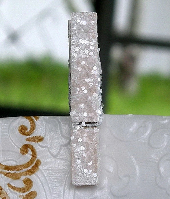 Wedding Mini Clothespins, White Glitter, Sparkly Clips for Favor Bags or Wish tree 20 Piece Set, Shabby Chic