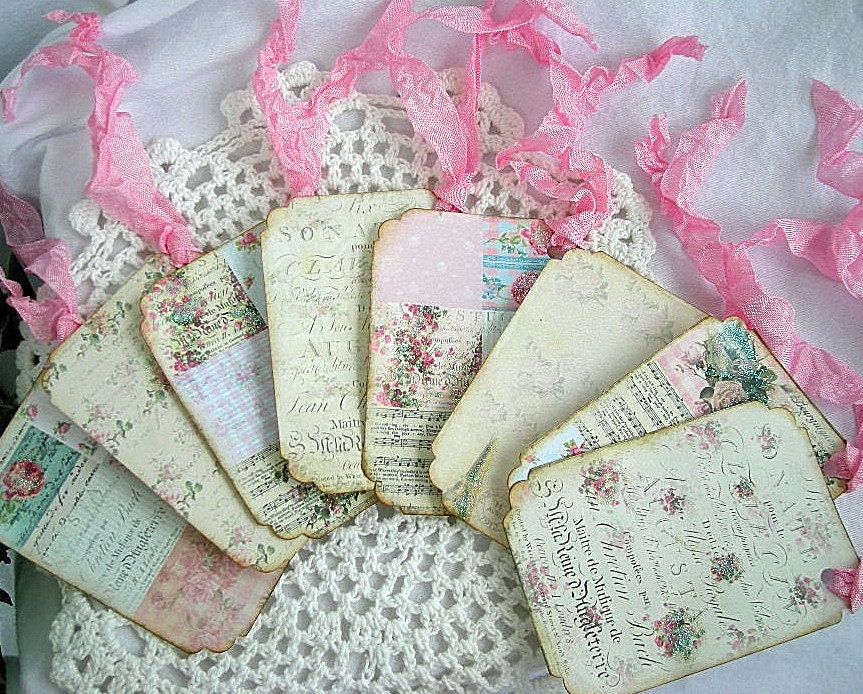 Shabby Chic Tags, Tea, Cards, Wish Tree Tags / Cards, Handmade, Dainty, Feminine, 10 Piece Set with Crinkled Ribbon