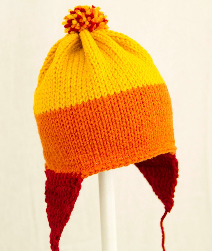 Jane Cunning Earflap Hat, Yellow Orange and Red Knit and Crochet Beanie, send size choice baby - adult