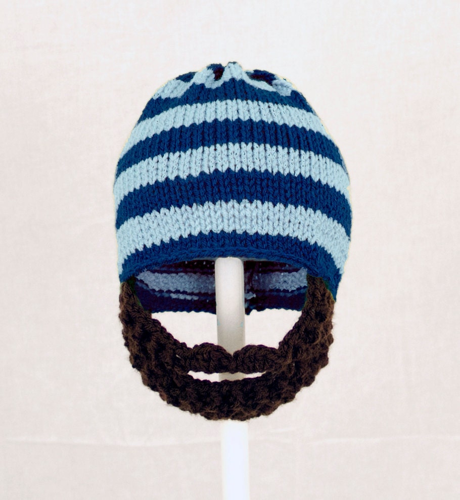 Beard Hat, Baby Blue and Royal Blue Striped Knit and Crochet Beanie, send size choice baby - adult