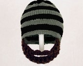 Beard Hat, Black and Grey Striped Knit and Crochet Beanie, send size choice baby - adult