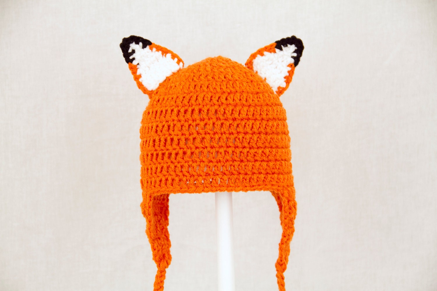 Fox Ears Earflap Hat, Orange Crochet Beanie, send size choice baby - adult