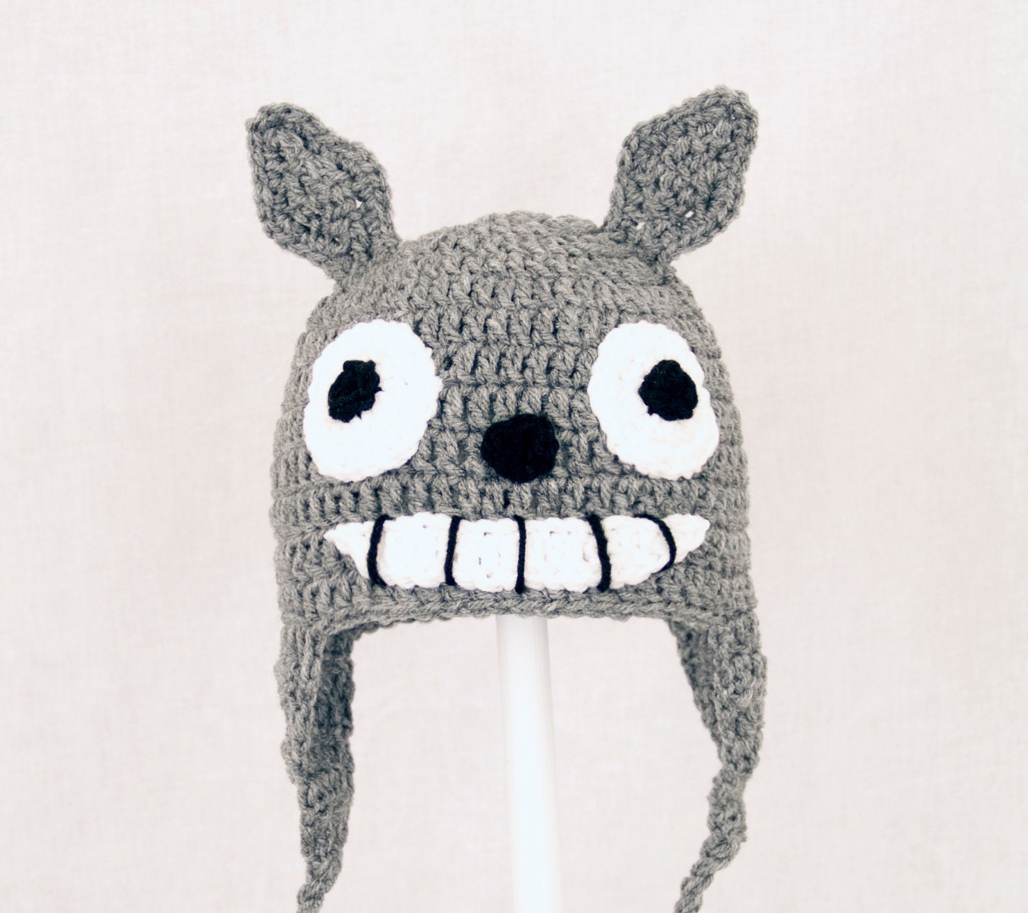 Totoro Hat, Grey Crochet Earflap with Smile, send size choice baby - adult
