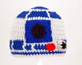 R2D2 Hat from Star Wars, Grey and Royal Blue Crochet Droid Beanie, send size choice baby - adult