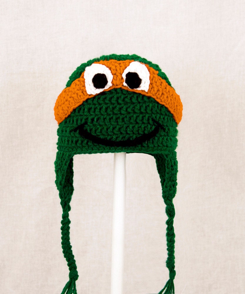 Teenage Mutant Ninja Turtles Earflap Hat, Green Crochet Beanie, send color and size choice baby - adult