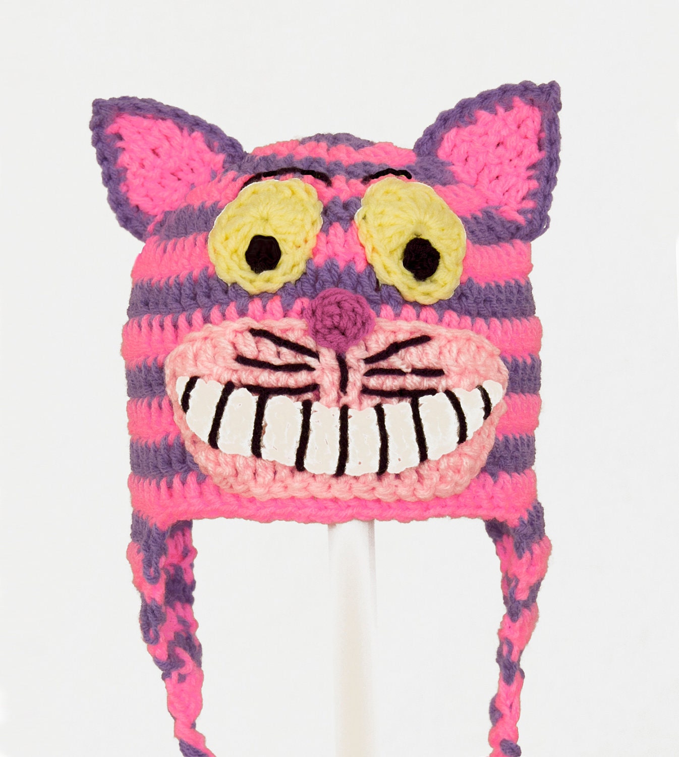 Cheshire Cat Earflap Hat from Alice in Wonderland, Hot Pink and Purple Crochet Beanie, send size choice baby - adult