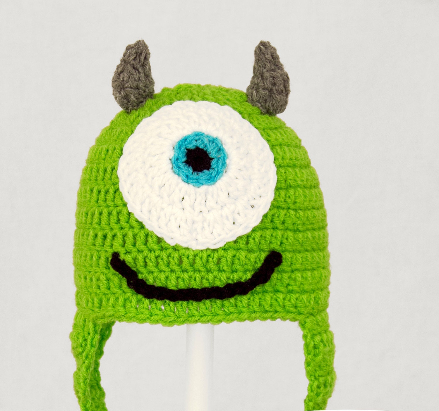 Mike Wasowski Earflap Hat from Monsters Inc., Green Crochet Beanie, send size choice baby - adult
