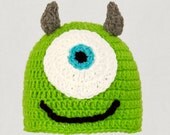 Mike Wasowski Hat from Monsters Inc., Green Crochet Beanie, send size choice baby - adult
