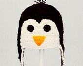 Penguin Earflap Hat, Black and White Crochet Beanie, send size choice baby - adult