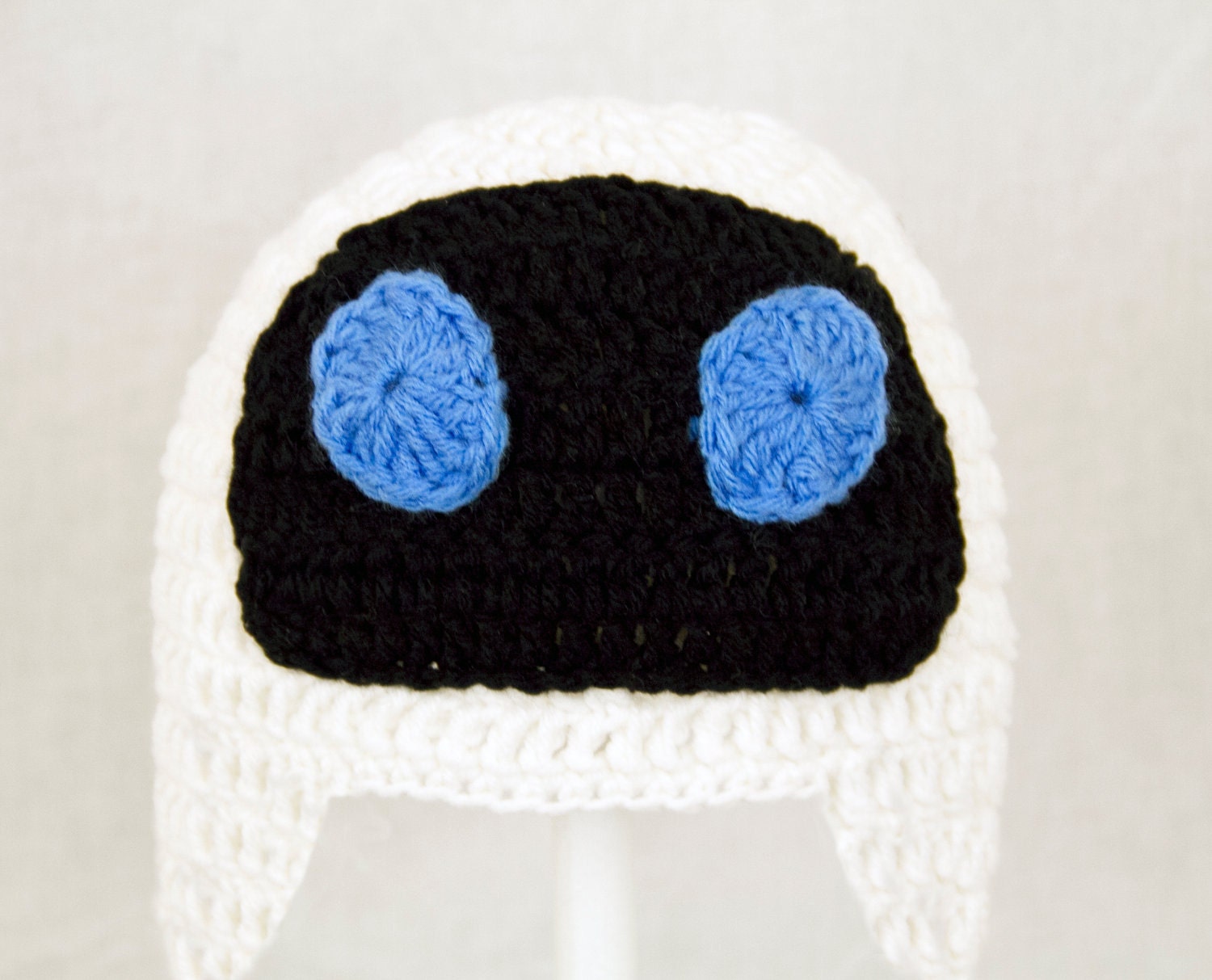 Eve Earflap Hat from Wall-e, Black and White Crochet Beanie, send size choice baby - adult