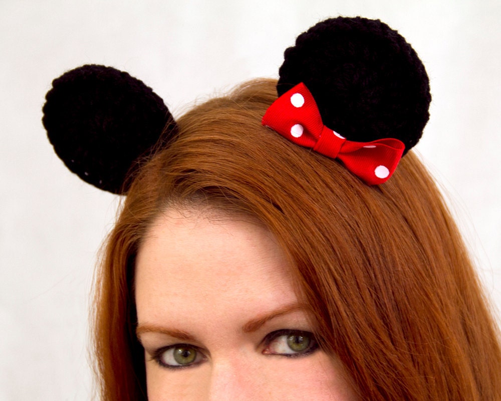 Minnie Mouse Ears Hair Clips, Black Crochet Barrettes, Set of 2 on snap clip