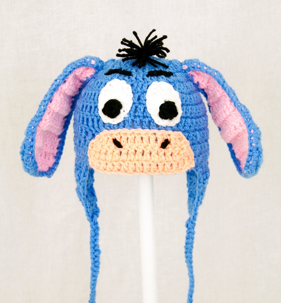 Eeyore Earflap Hat from Winnie the Pooh, Blue Crochet Beanie, send size choice baby - adult