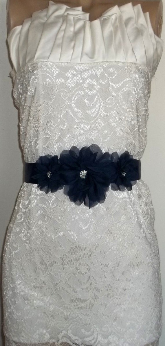 Navy Blue Bridal Sash (many colors to choose from)- Chiffon Flower