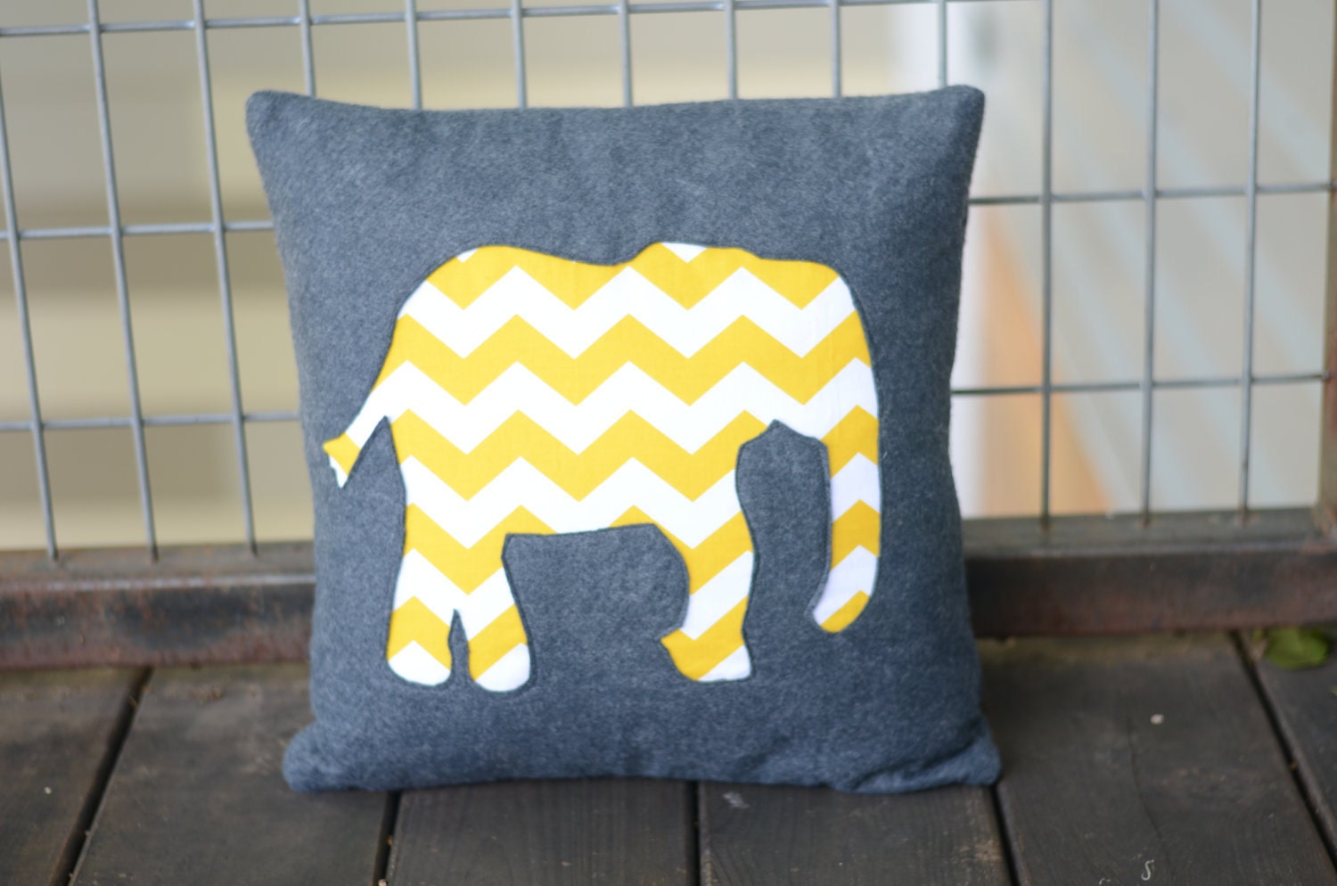 Wool Felt Throw Pillow  Cover - - Grey & Yellow Chevron Print Elephant - - 14x14.