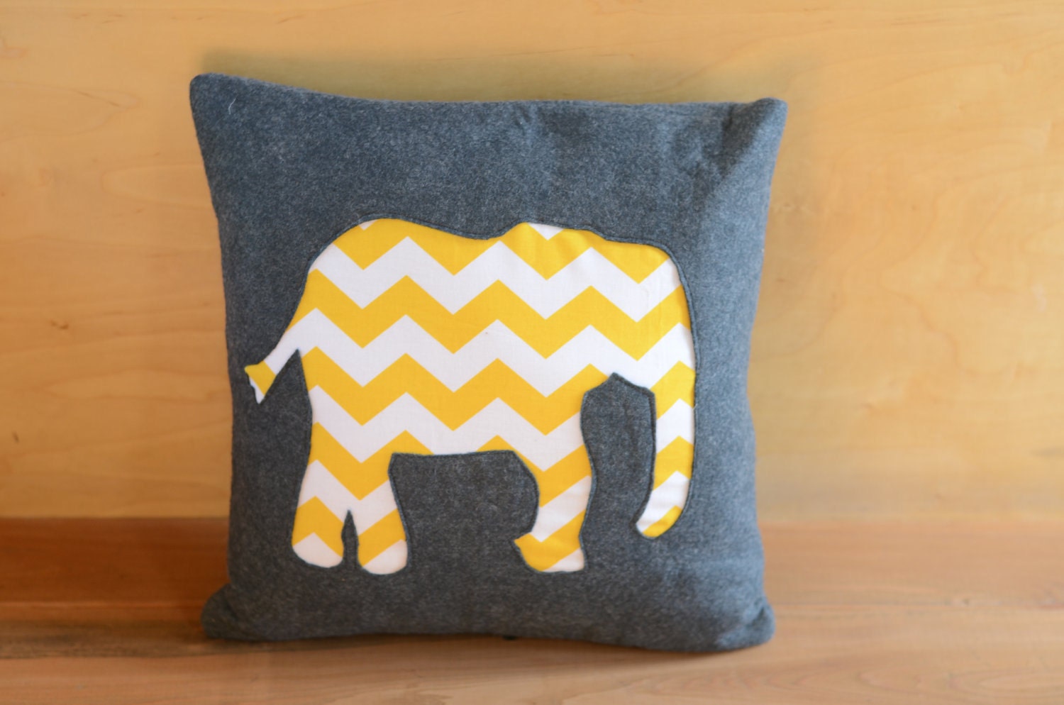 Wool Felt Throw Pillow  Cover - - Grey & Yellow Chevron Print Elephant - - 14x14.