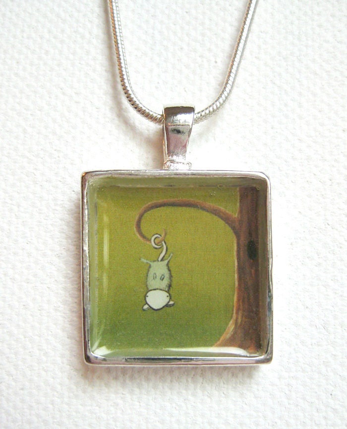 Possum Pendant - cute green art necklace, silver plated