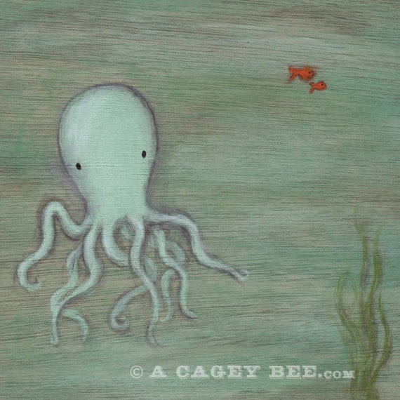 Octopus giclee print - 8x8 square art print of octopus painting by Kris G. Brownlee, children wall art, kids wall art, nursery decor