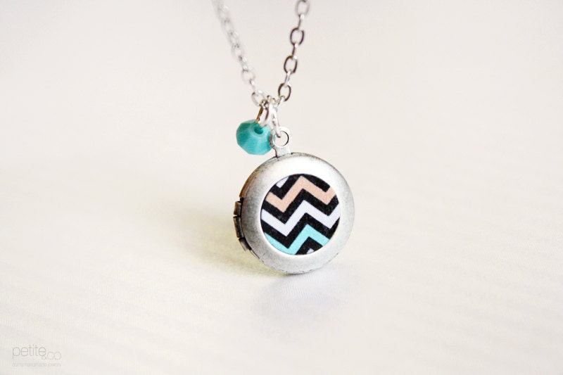 chevron necklace - mint and coral dainty locket - silver tone
