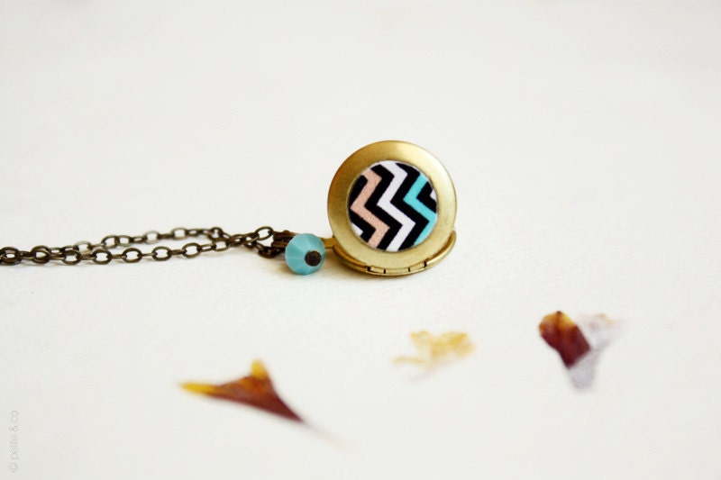 chevron necklace - mint and coral dainty locket