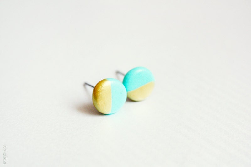 gold dipped mint green disc - geometric studs