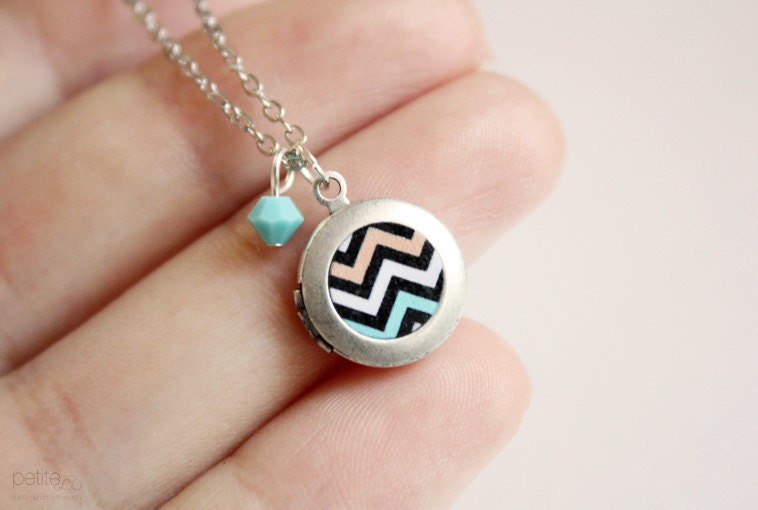 chevron necklace - mint and coral dainty locket - silver tone