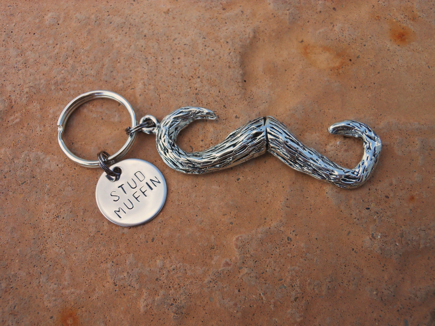 Personalized Hand Stamped Mustache Keychain- Father's Day, Men's Gift, Groomsmen, Bachelor Party