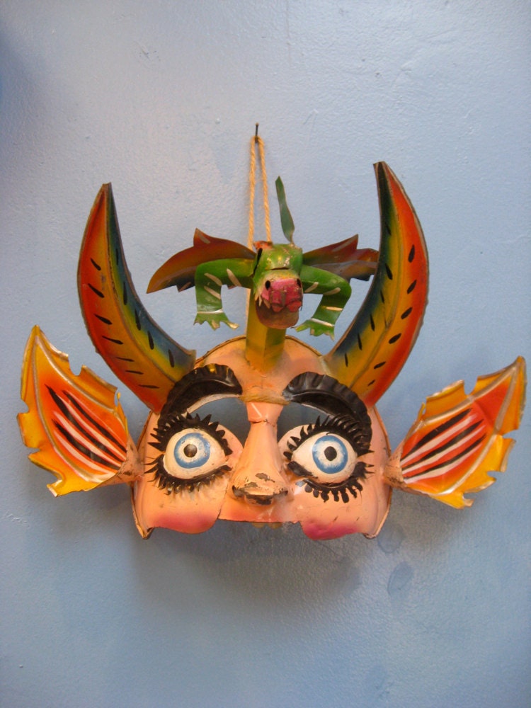 Bolivian Dragon Face Mask - made with recycled tin - vintage from 1970s