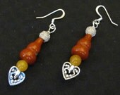 Carnelian Yellow Agate Silver metal beads OOAK dangle Earrings semi precious heart carved stone art deco bohemian boho gypsy mothers day