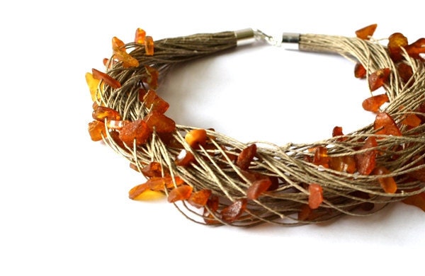 RESERVED for Yelena Raw Amber Necklace Natural Amber Linen Necklace, Yellow Brown Gemstone Natural Winter Gift