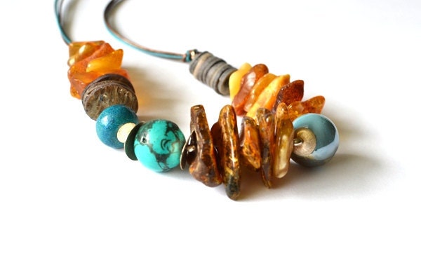 Reserved for Suzy Baltic Amber Necklace Turquoise Amber Jewelry, Honey Amber Ocean Blue Teal Beach Gray Rainbow Shell