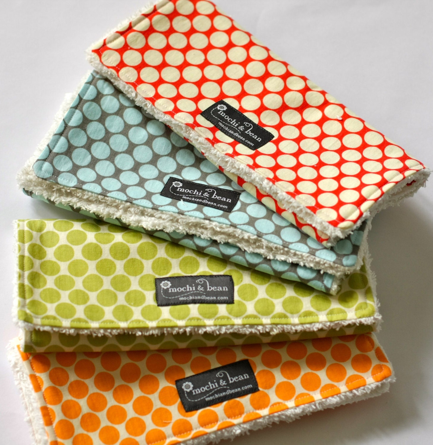 Baby Burp Cloths, Set of 4, Full Moon Polka Dot and White Cotton Chenille