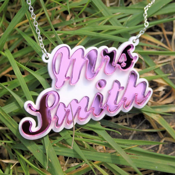 Personalised bridal MRS necklace - laser cut mirror acrylic - As seen on Rock And Roll Bride