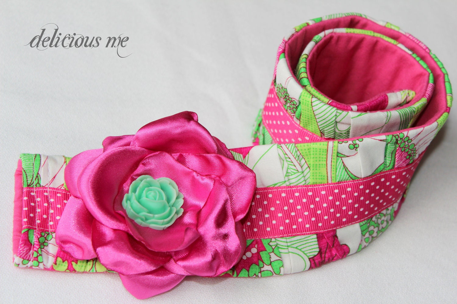 Camera Strap Cover Handmade for Canon, Nikon, Sony. Ruffled Pink/Green Fun Flower Micheal Miller Fabric design Pink Polka Dot Satin Flower