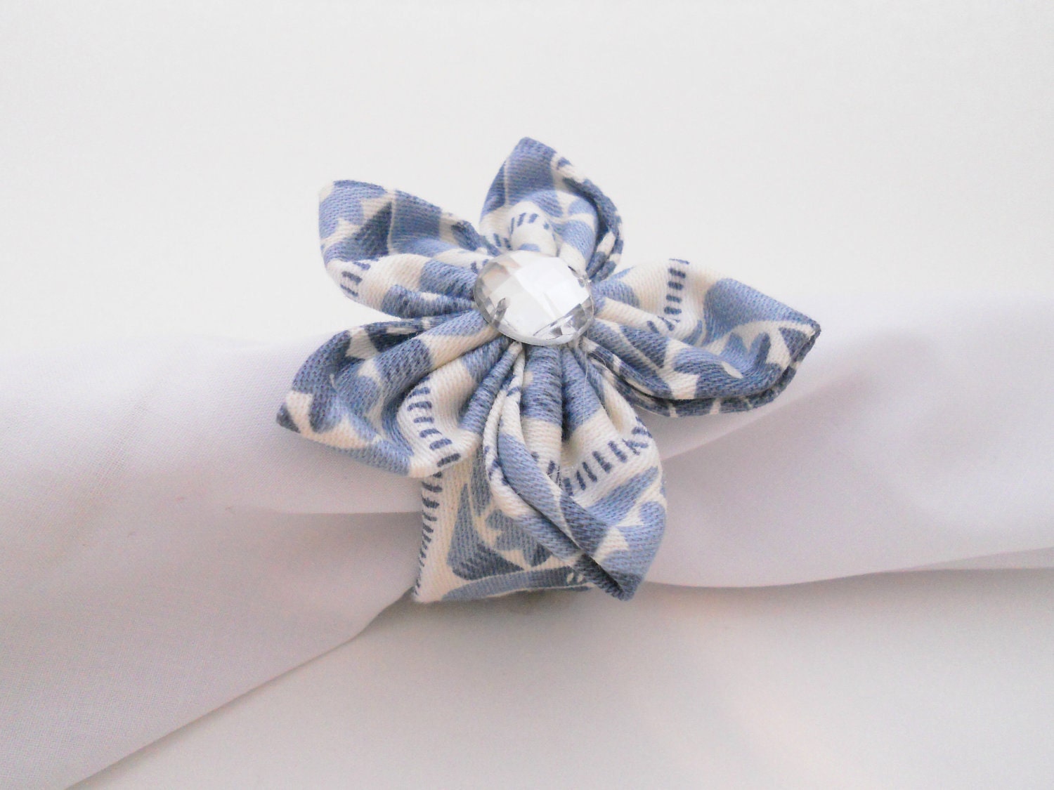 8 Blue and White Elegant Bling Handmade Wedding Napkin Rings
