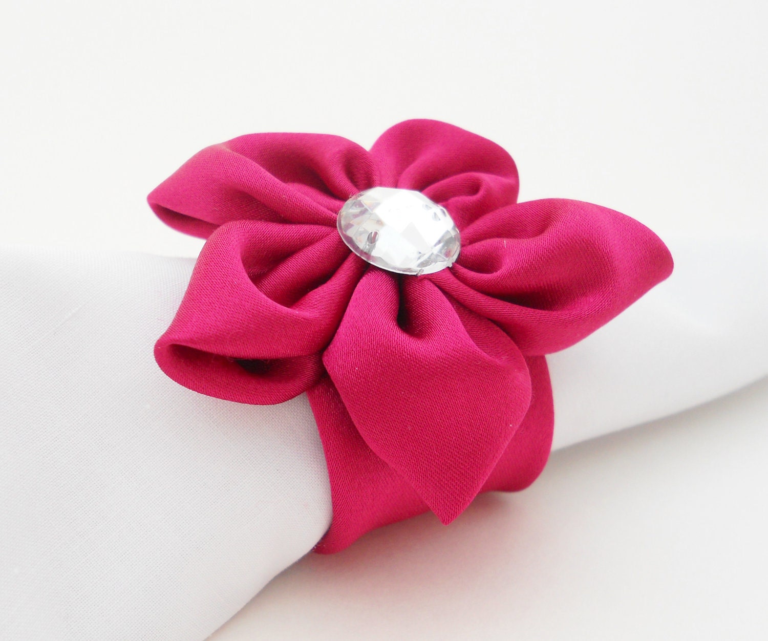 8 Hot Pink Silky Wedding Napkin Ring Holder w/ Rhinestone Bling Many Colors Available