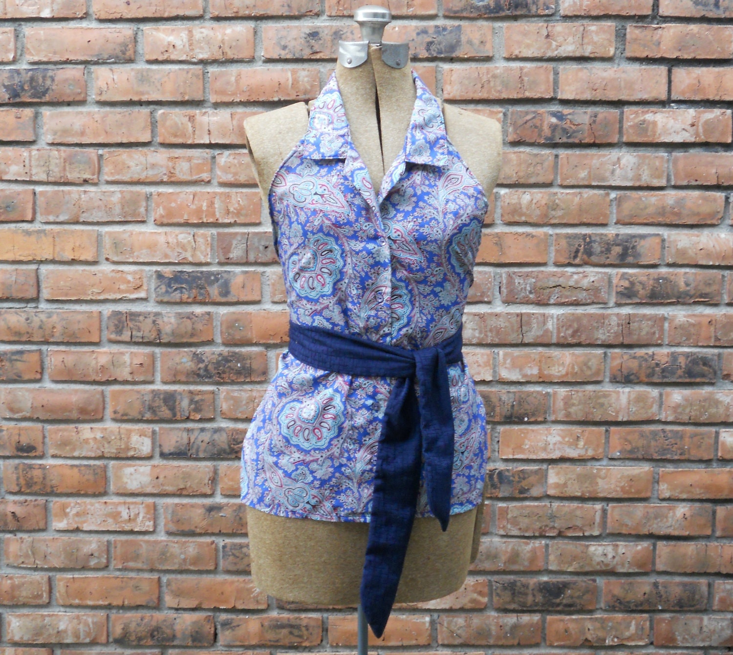 Fun and Flirty Blue Paisley Vintage Style Full Apron "Anne"  Made from Button Down Shirt