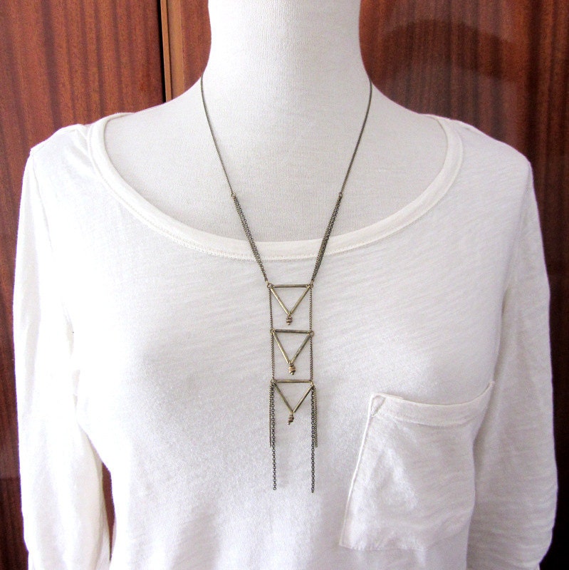Geometric statement long triangle necklace with antique brass chain.