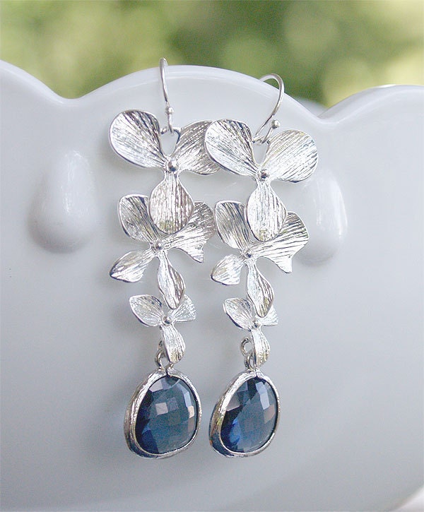 HOLIDAY SALE - Something Blue Bridesmaid Earrings - Triple Orchids and Navy on Sterling - Bridal, Bridesmaids, Wedding Jewelry