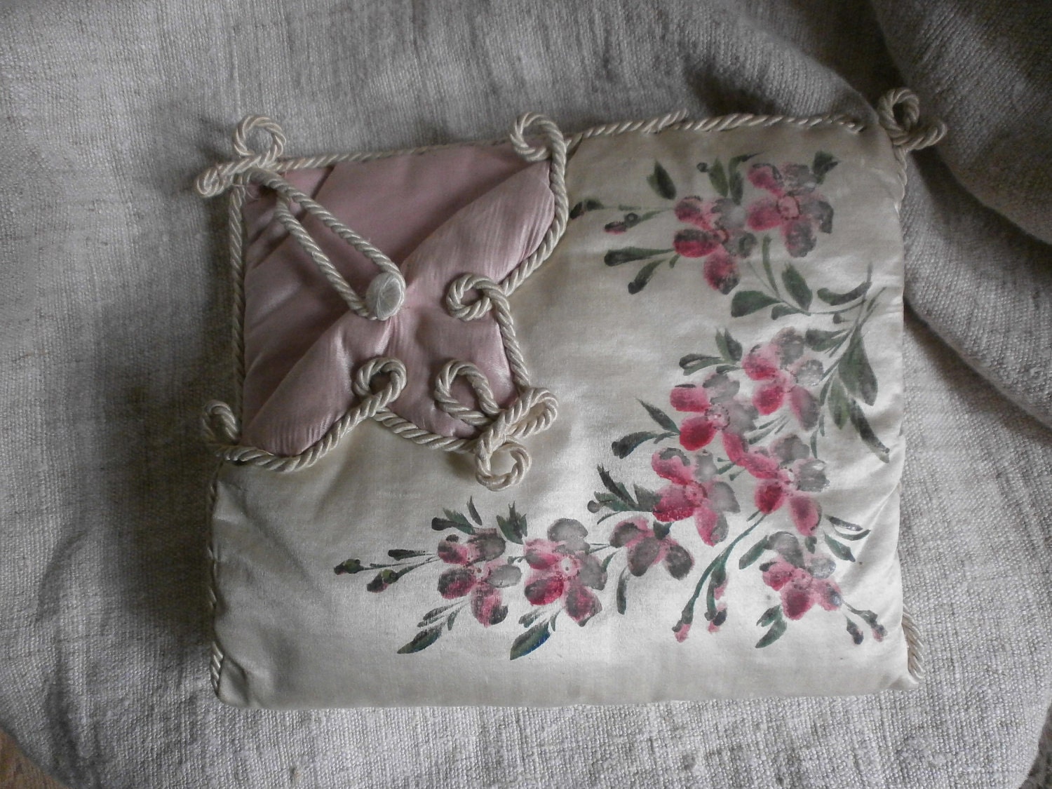 French Boudoir Silk Sachet Handpainted Wedding Ring Pillow