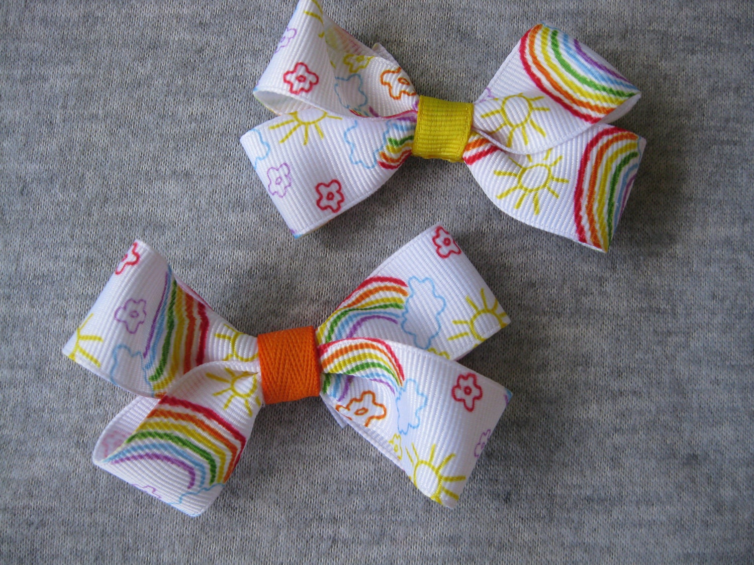 Girls white bows, twin sister hair clips, rainbow bow, hairclip sister set, cute girly bows, small pigtails, boutique loopy hairclips,