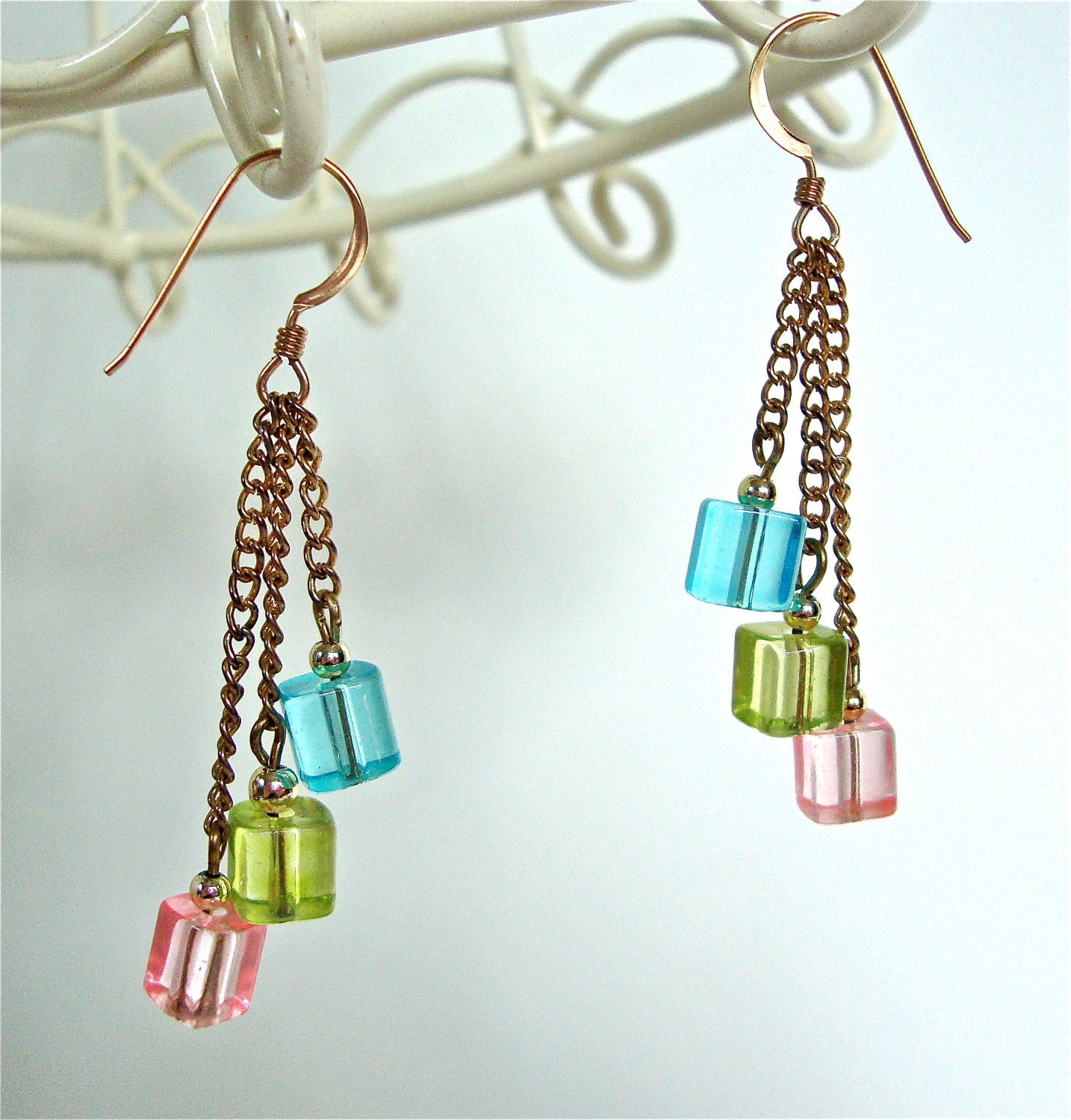 Pink green and blue earrings - dangly gold earrings - 14k gold - geometric earrings - spring colored earrings by Sparkle City Jewelry