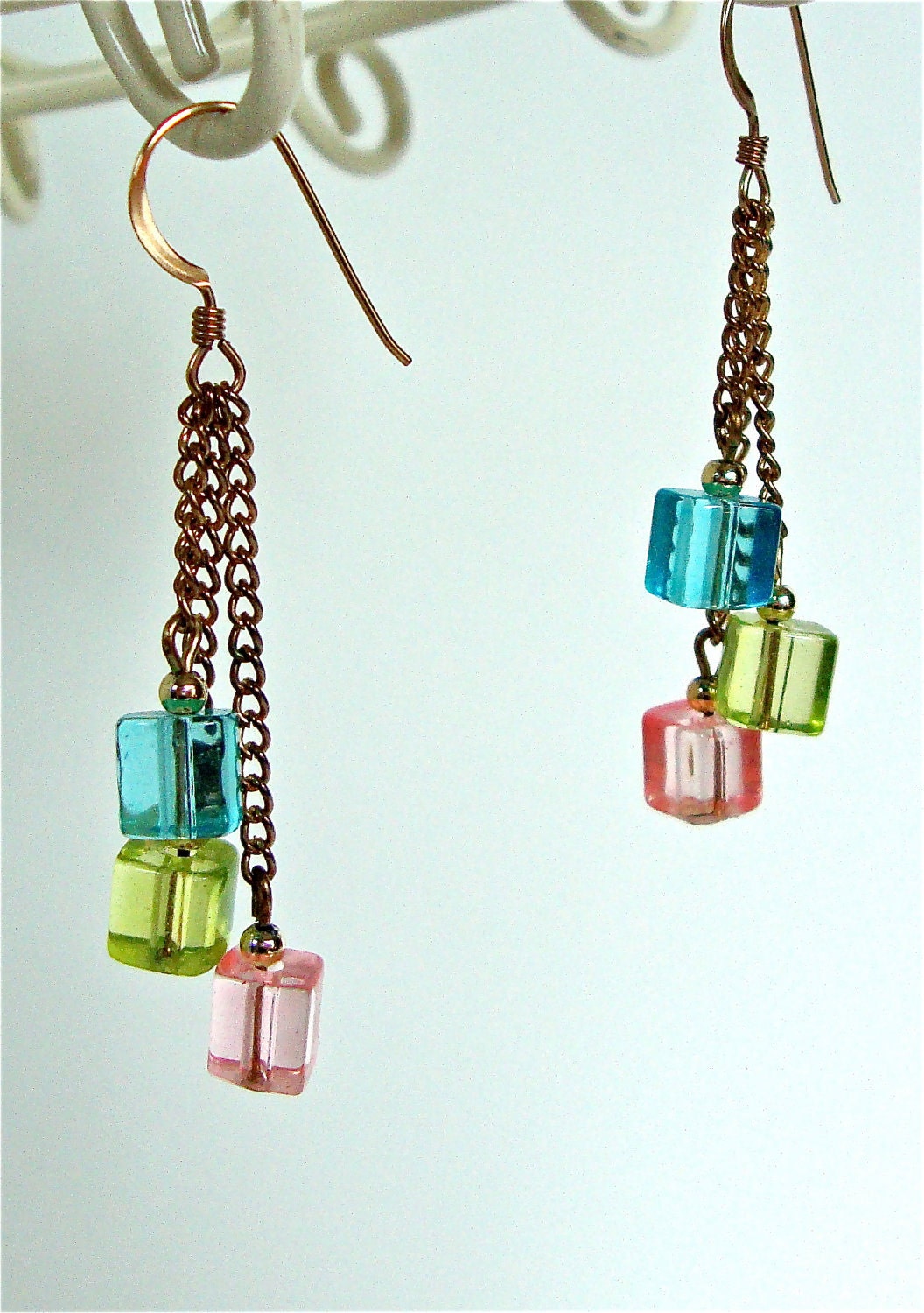 Pink green and blue earrings - dangly gold earrings - 14k gold - geometric earrings - spring colored earrings by Sparkle City Jewelry