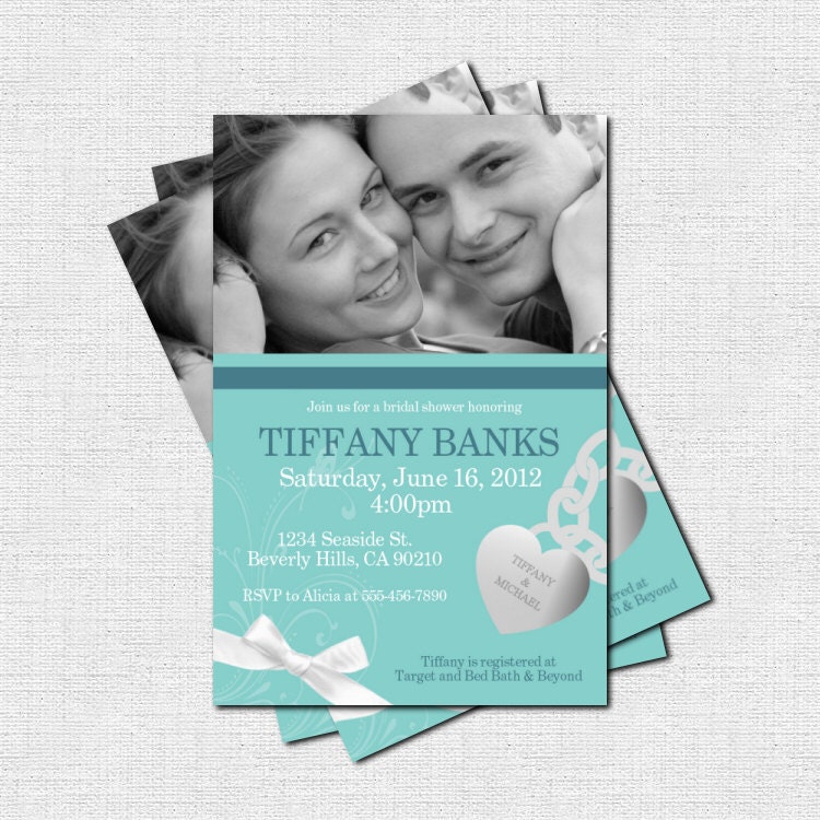 Personalized TIFFANY BLUE HEART Charm Style Bridal Wedding Baby Shower Invitations (printable)