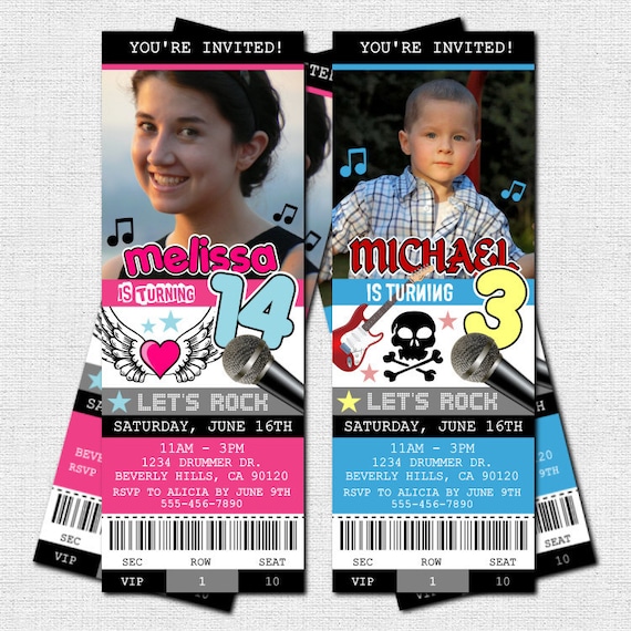 CONCERT TICKET INIVITATIONS Rock Star Birthday Party - (print your own)