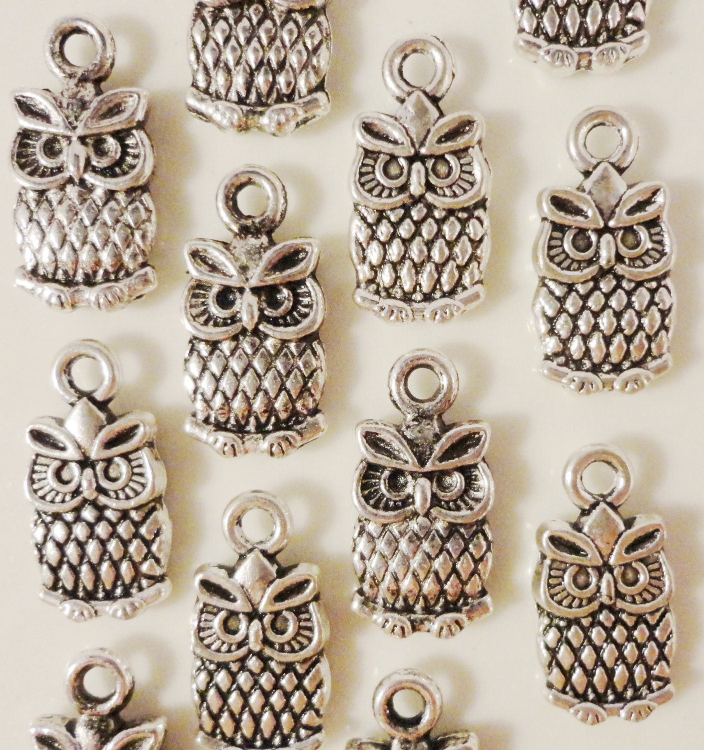 Silver Owl Charms 15x7mm Antique Silver Tone Metal Small Owl Bird Charm Pendant Jewelry Findings 12pcs - BusyBeeBeadSupplies