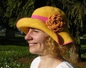 Woman's summer hat, yellow, fuchsia pink, wide brim hat