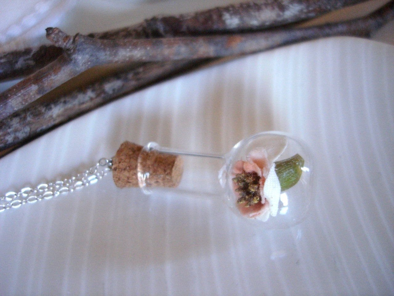 Peachy Cream Ranunculus Rose Miniature Terrarium Necklace Glass Vial - Beauty and the Beast