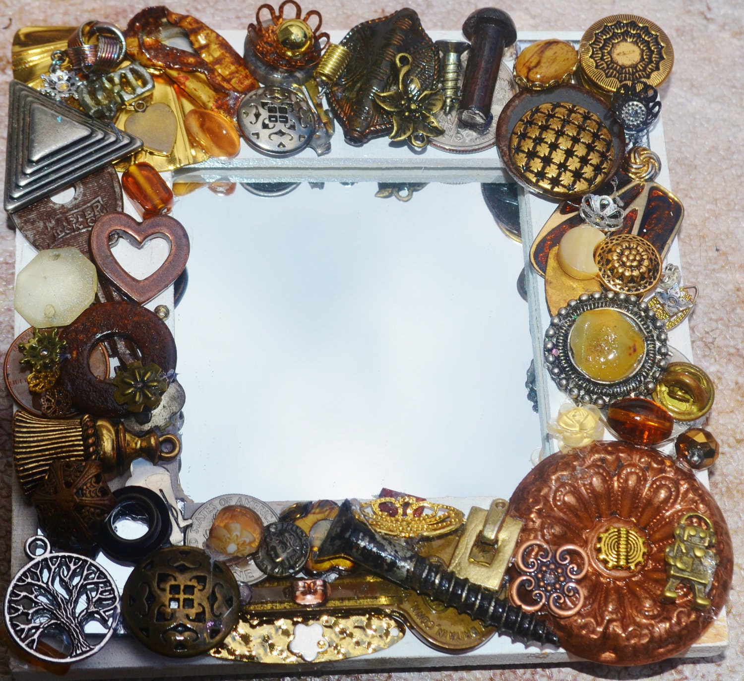 handmade metal wall art, jewelry mosaic mirror, button mosaic