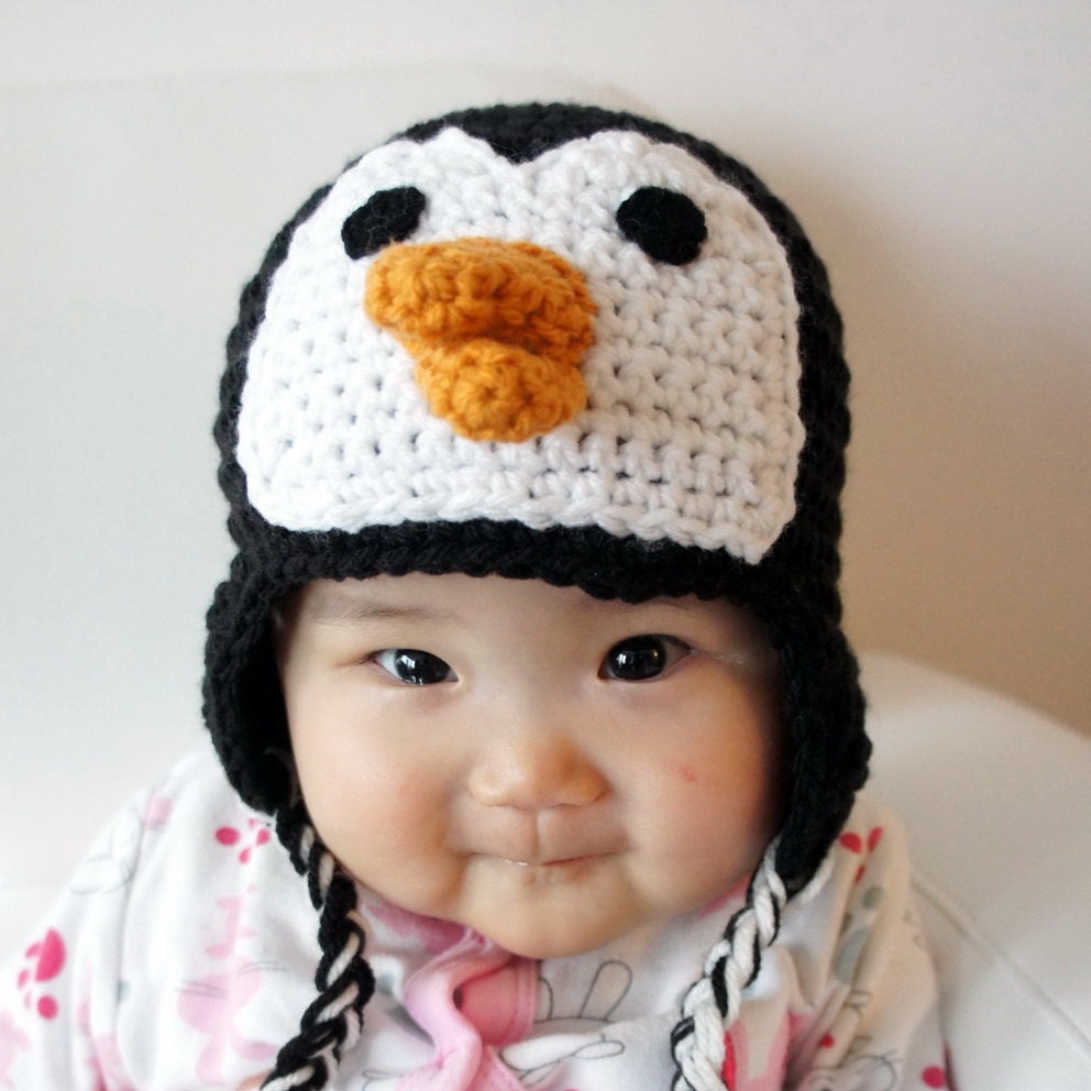 Penguin Hat, Crochet Baby Hat, Baby Hat, Animal Hat, Black, White, photo prop