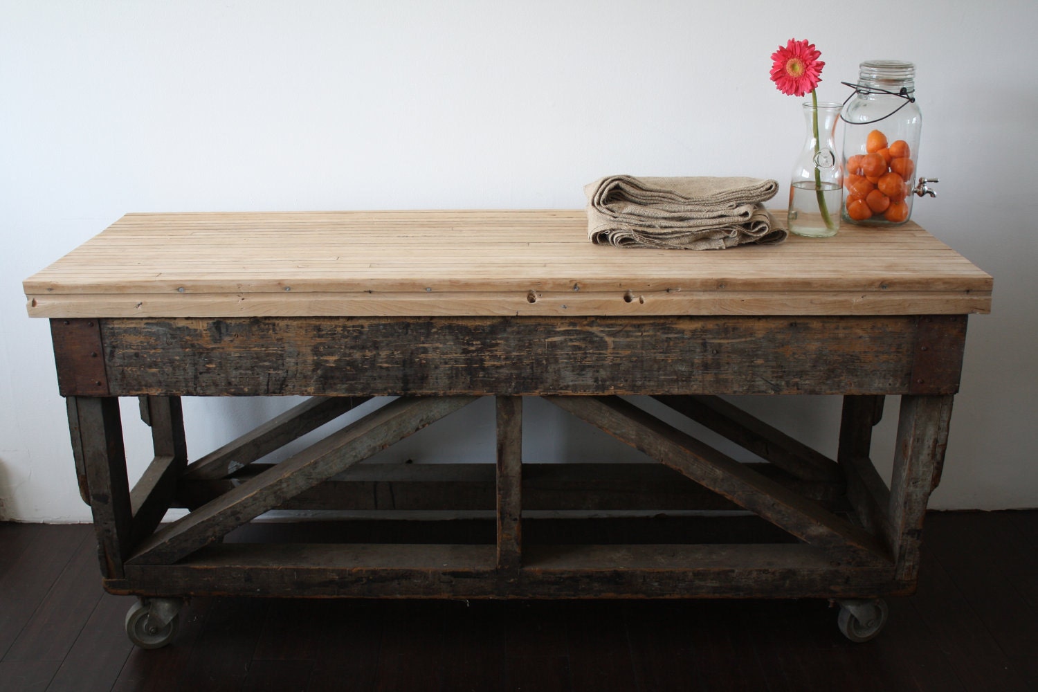 vintage factory cart with recycled bowling alley top // buffet table or tv console